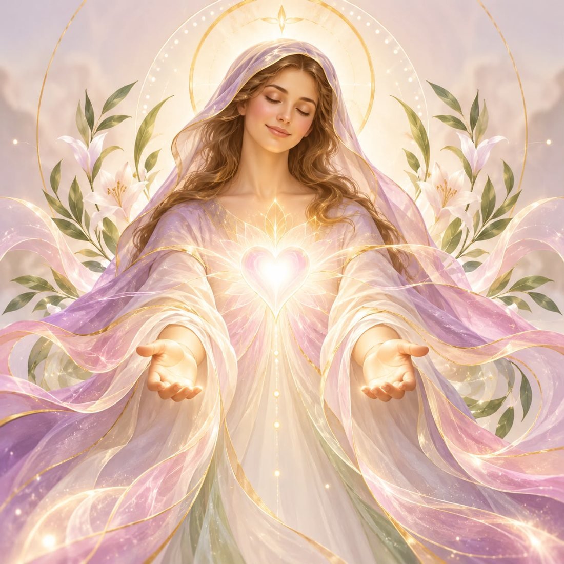 Figura femenina luminosa con las manos abiertas y un corazón de luz