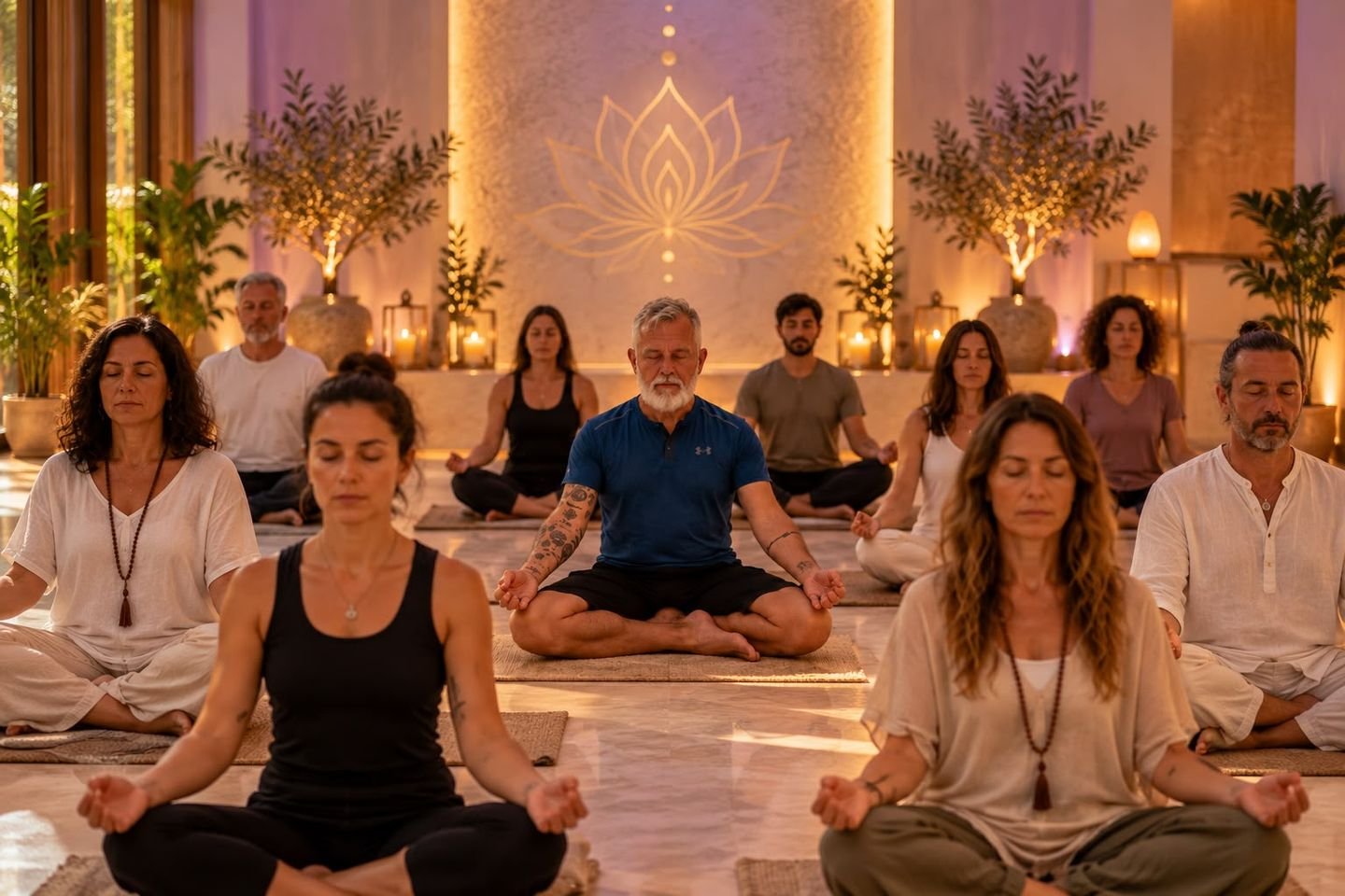 Grupo meditando en silencio en una sala con luz cálida